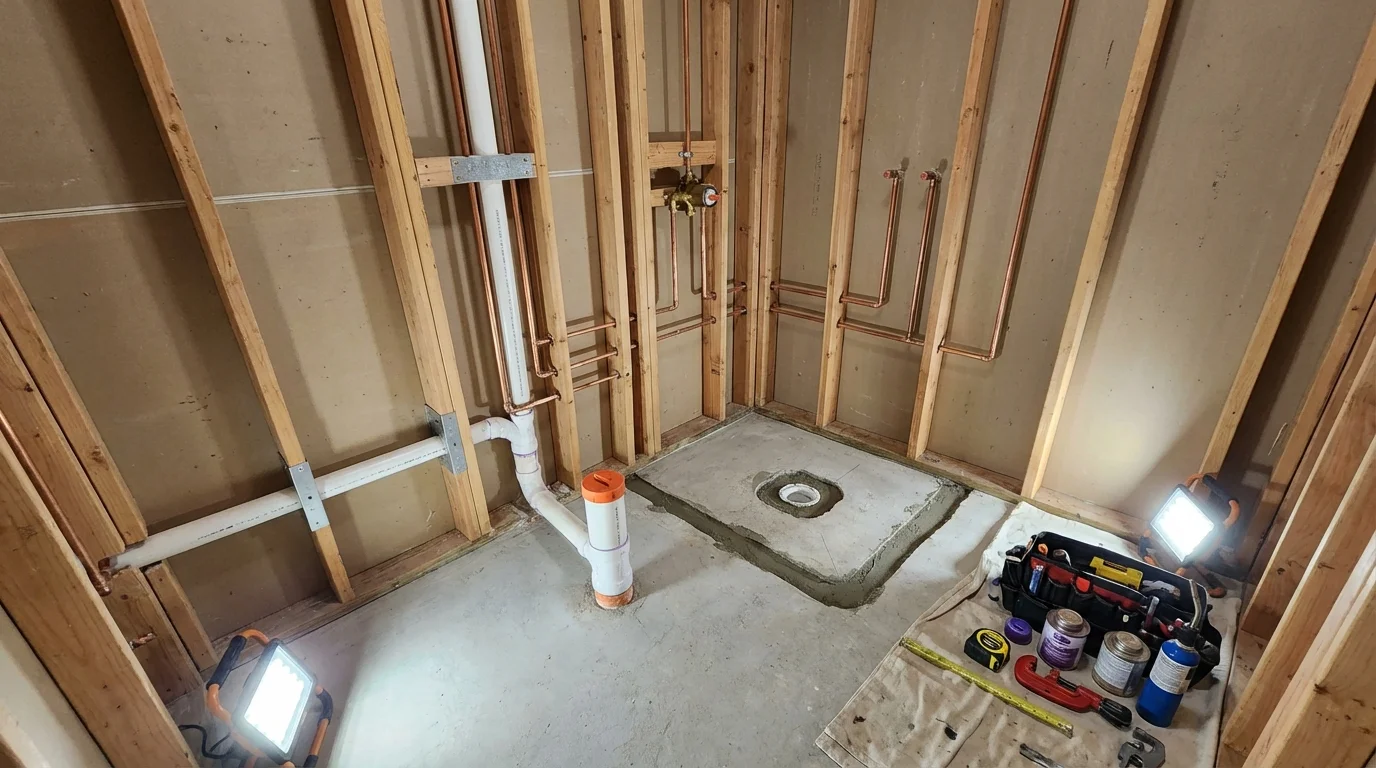 Bathroom rough-in plumbing during remodel by Johns Plumbing LLC in Holts Summit