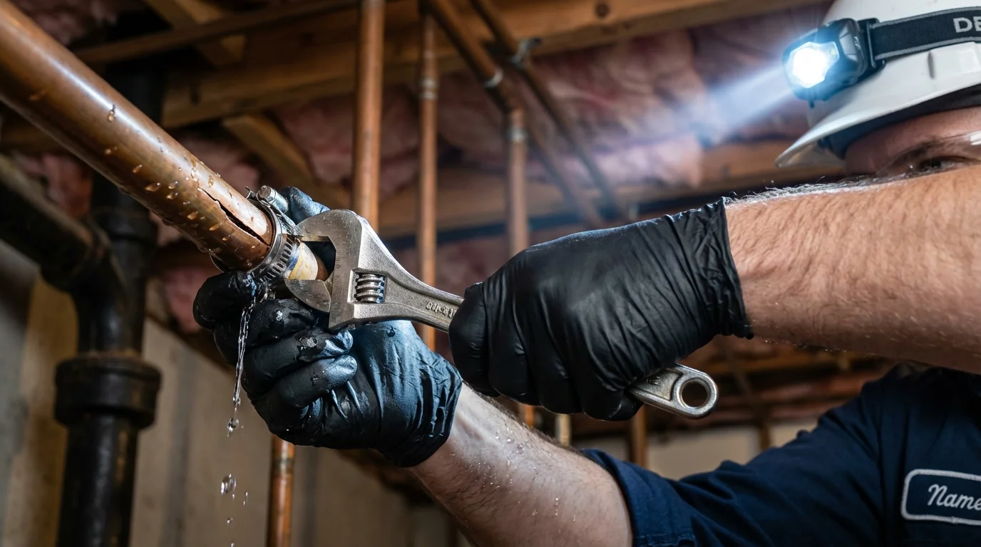Emergency pipe clamp repair being performed by a Johns Plumbing LLC plumber in Holts Summit