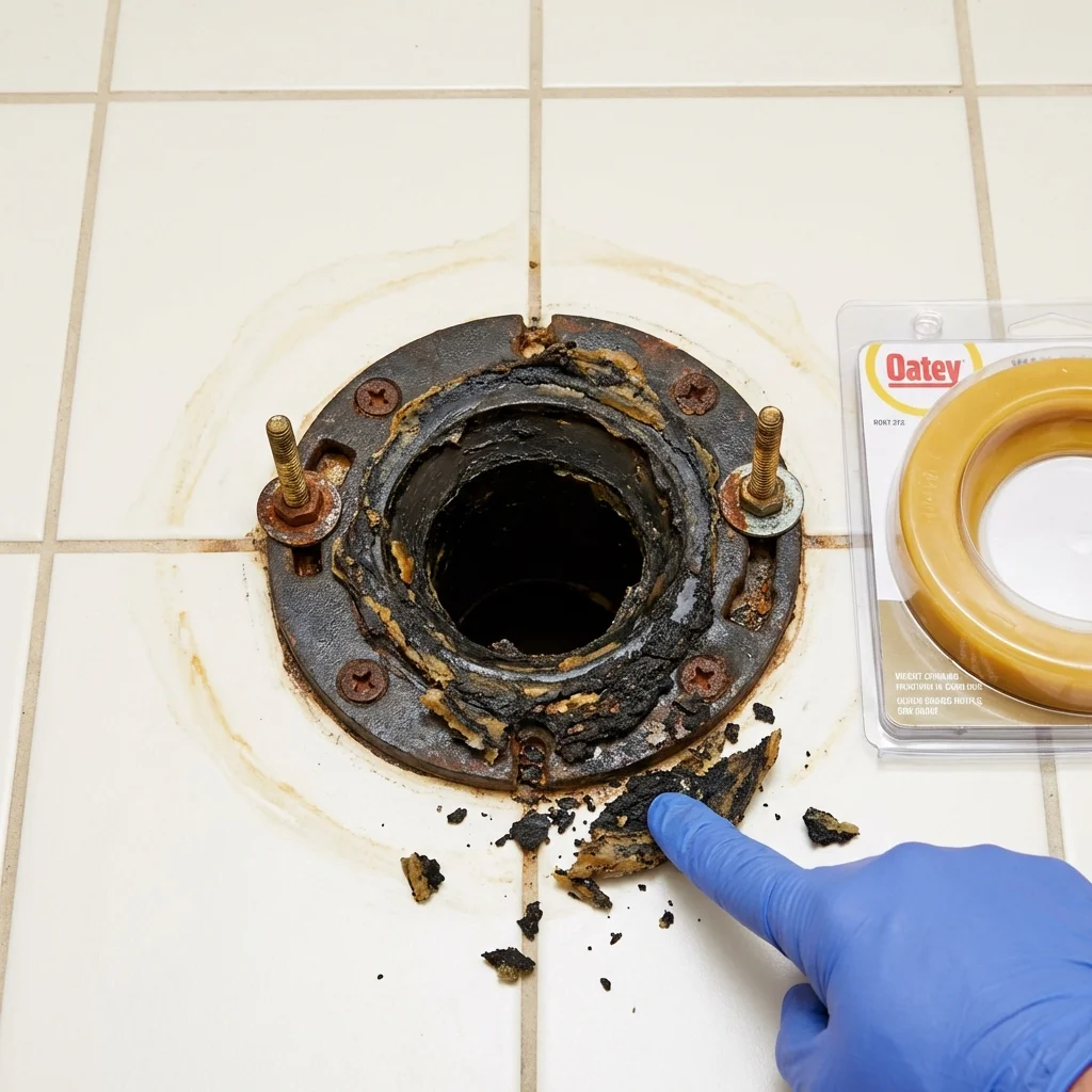 Failed wax ring showing water seepage at the base of a toilet in a Holts Summit, MO home