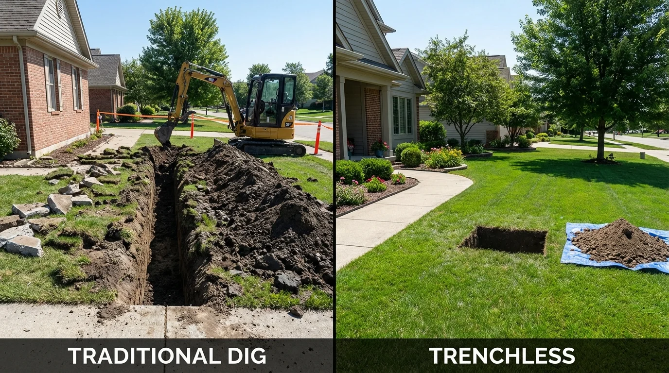 Trenchless sewer repair with minimal yard damage versus traditional excavation in Holts Summit, MO