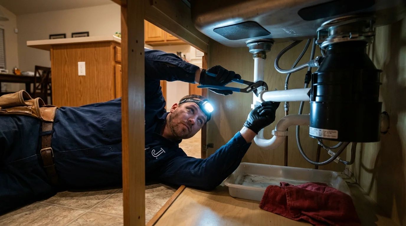 P-trap and supply line connections under a kitchen sink showing a common leak point in Holts Summit, MO